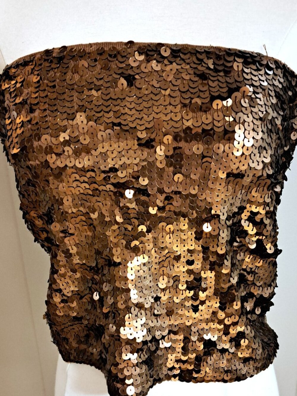 FESTIVE BRONZE SEQUIN STRETCHY TUBE TOP 70% SILK SHINY FOR HOLIDAYS SIZE LARGE